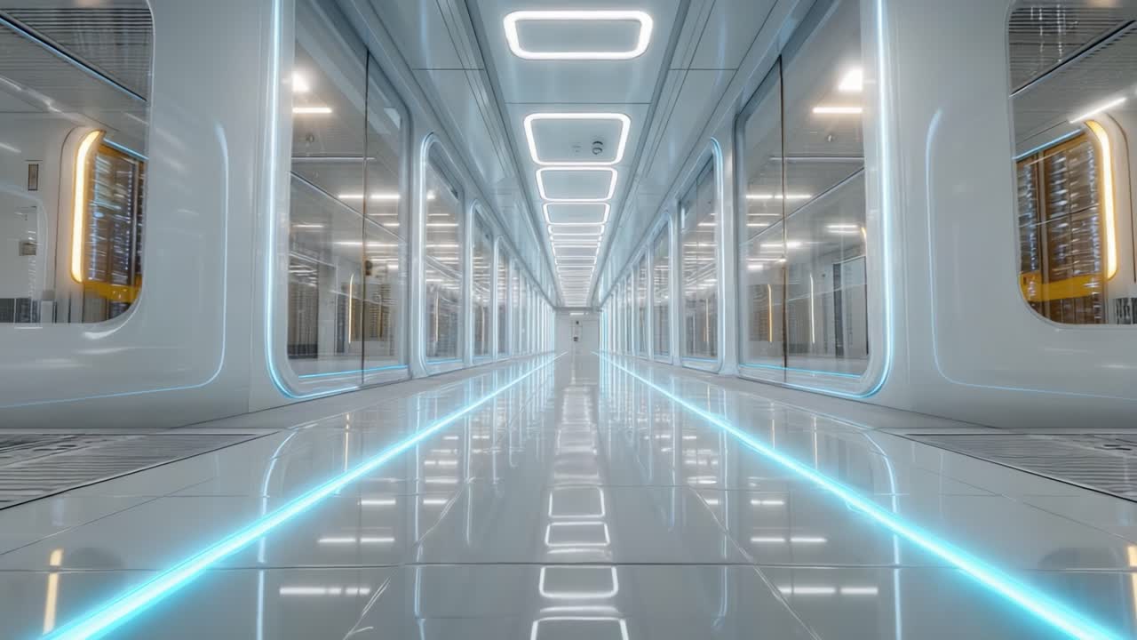 A Futuristic Corridor Featuring Sleek Lines, Neon Accents, and Glass Walls, Offering a Glimpse into a Modern Technological Environment of the Future