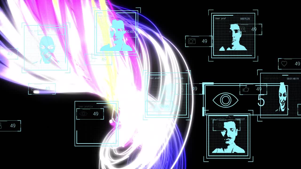 검은색 배경에 파동된 불빛과 소셜 미디어 사용자의 애니메이션