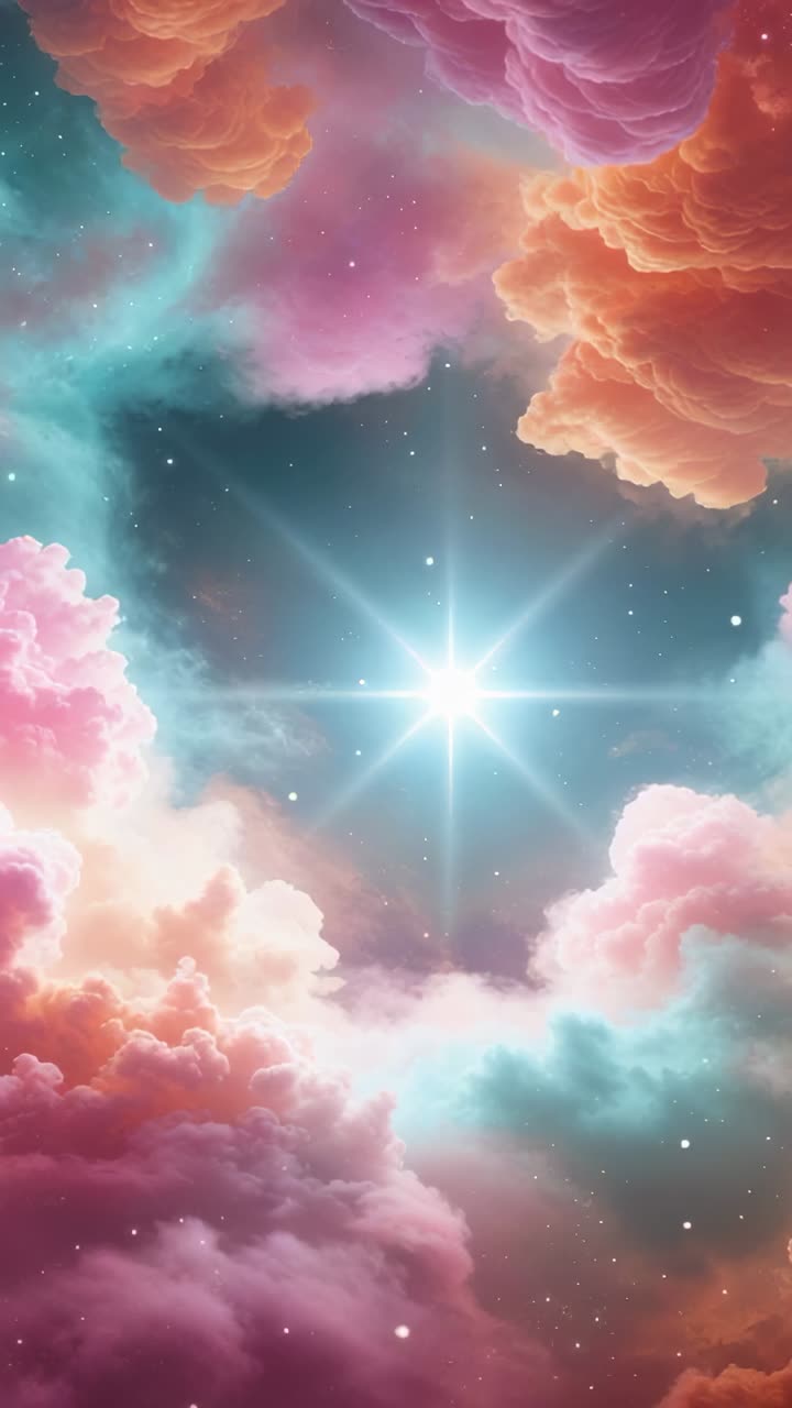 Vertical video: Opening pastel clouds framing six-pointed glowing star amid twinkling points in sky