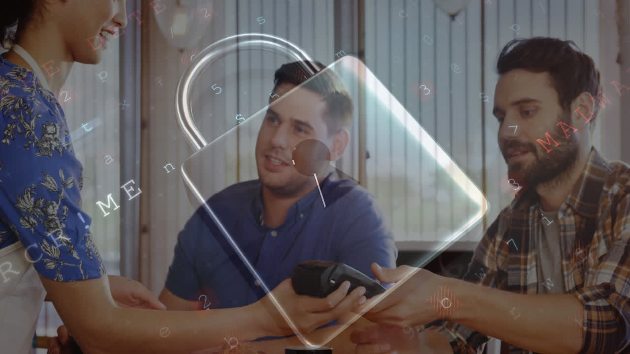 animación del candado de seguridad de la red sobre las personas que utilizan el terminal de pago