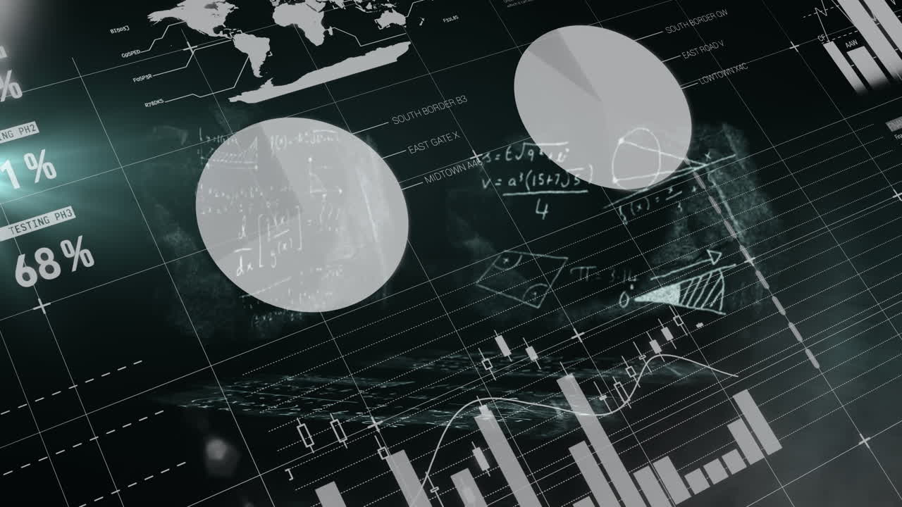 Mathematical equations floating against statistical data processing against black background