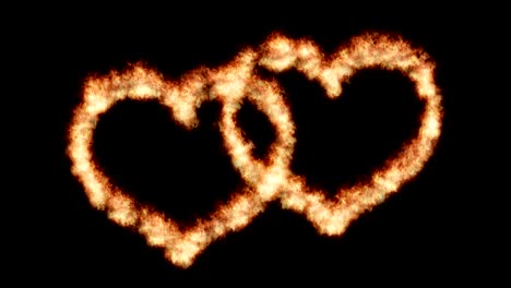 two burning hearts isolated on black background. seamless loop.