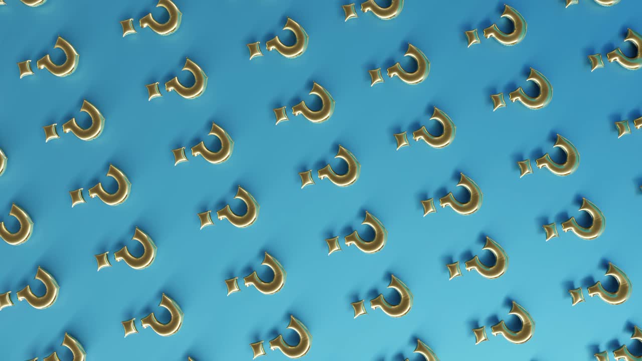 3d 렌더링 루프 애니메이션에서 황금 질문표가 파란색 배경에서 천천히 움직입니다.