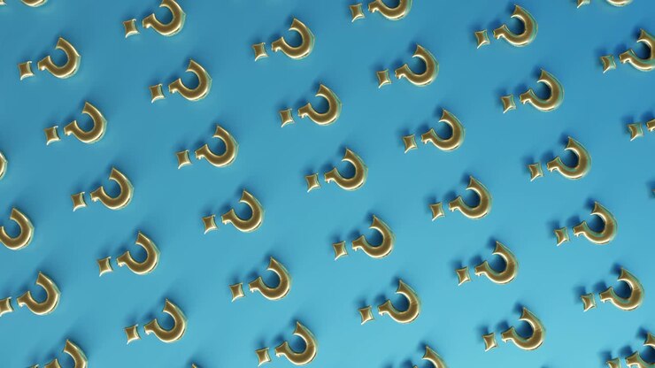 Guld spørgsmålstegn i en langsomt bevægende 3D-gengivet loop-animation på en blå baggrund.