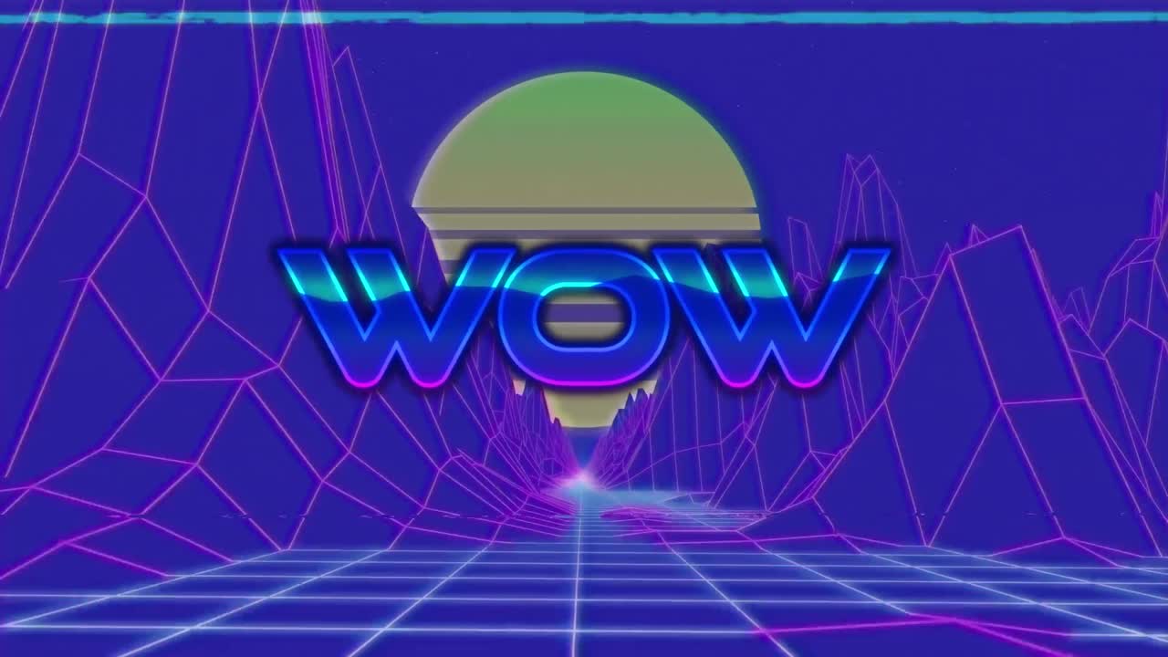 추상적인 배경에 산과 태양의 3d 모델 위에 와우 텍스트의 애니메이션