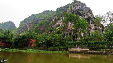 lush landscape with limestone mountains and pagoda