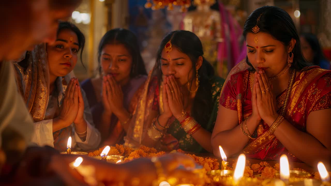Praying four women kneeling at home shrine amid marigold petals, responding to new wick flames