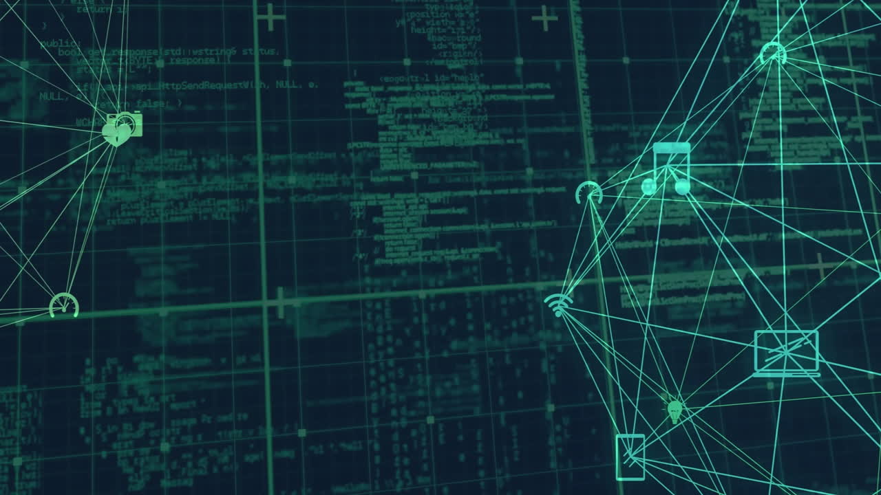 Animation of network of connections with social media icons over data processing on black background