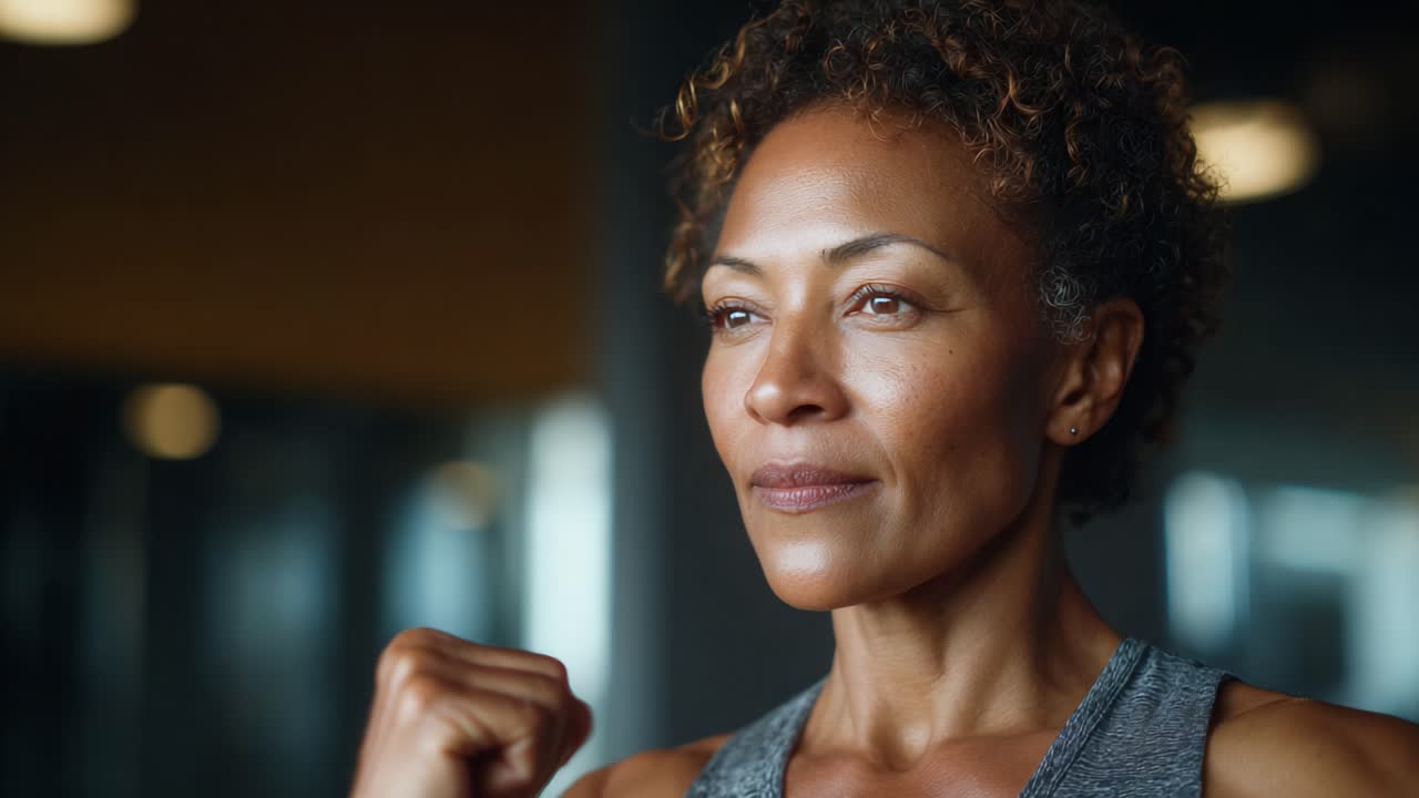 Een vastberaden vrouw die haar kracht en zelfvertrouwen toont in een fitnessomgeving, en zo de geest van empowerment belichaamt door zelfdiscipline en veerkracht