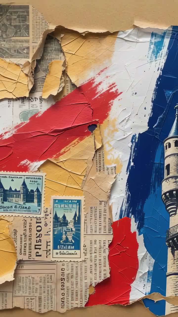 Vertical video: Camera zooming out revealing collage in studio of newspaper, stamps, tricolor paint