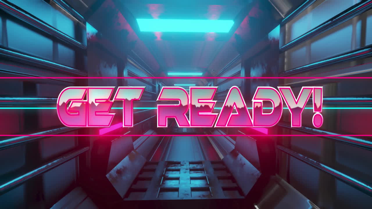 Animation of get ready text over neon pattern background