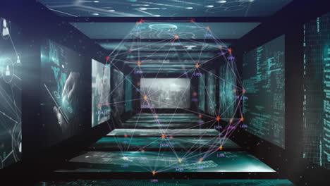 animation of globe of network of connections over data processing on screens