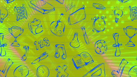 animación de artículos escolares y energía sobre fondo verde
