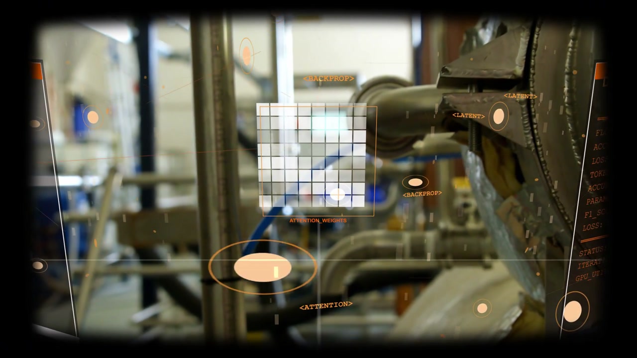 HUD animation initiating camera pulling back, revealing metal vessel and nozzle, piping to inspect
