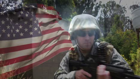 Animación-De-La-Bandera-De-Estados-Unidos-Sobre-Un-Soldado-Caucásico-Con-Ametralladora.