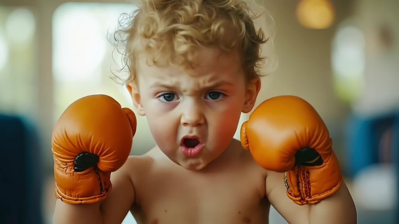 Uma criança pequena usando luvas de boxe laranja em uma sala de estar