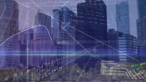 animation of financial data processing binary coding over cityscape