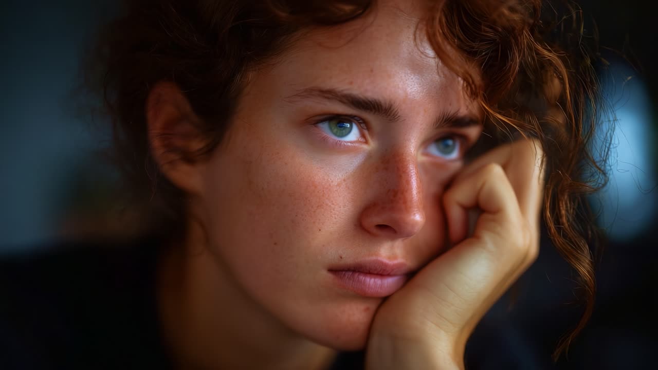 Una giovane donna pensierosa con i capelli ricci guarda in lontananza, la sua espressione rivela emozioni profonde e un momento di introspezione