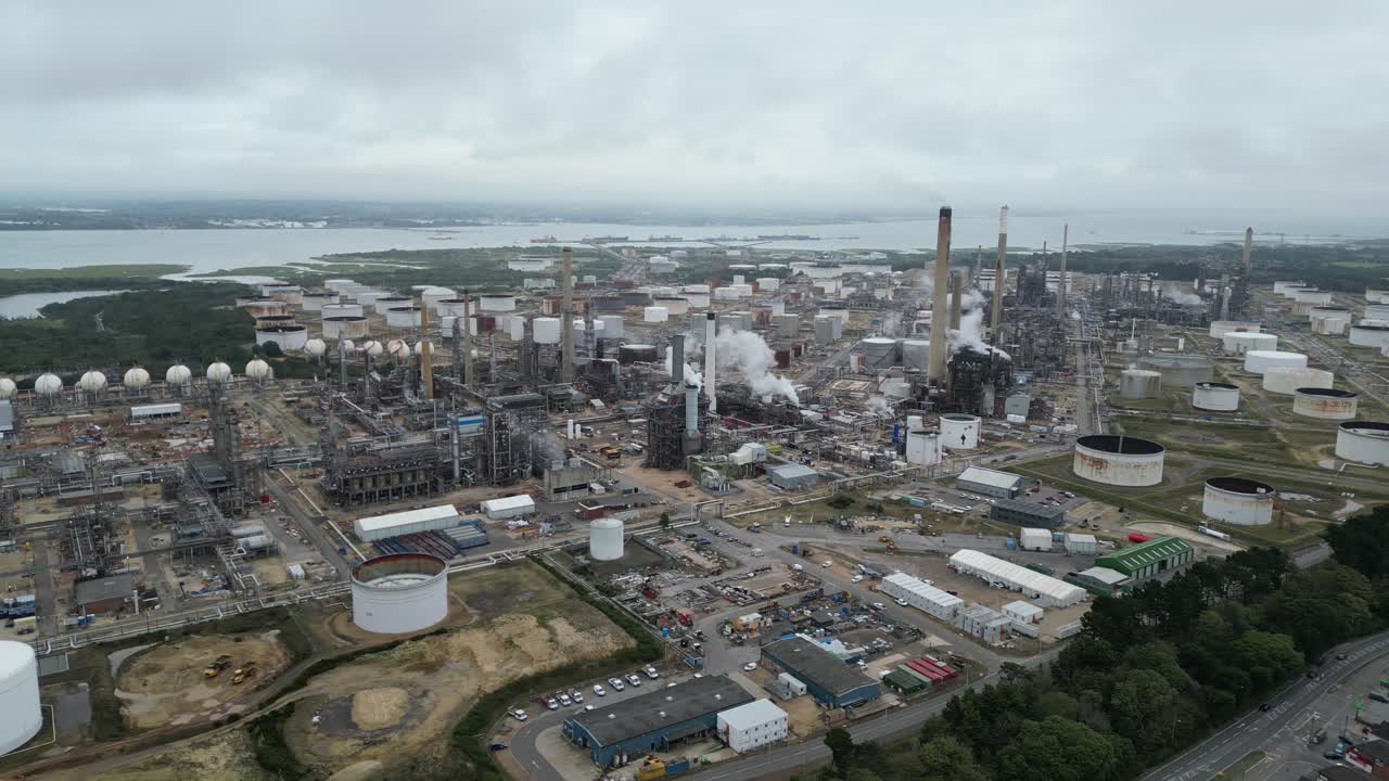 Panning drone aerial Fawley Oil Refinery&nbsp;Hampshire UK