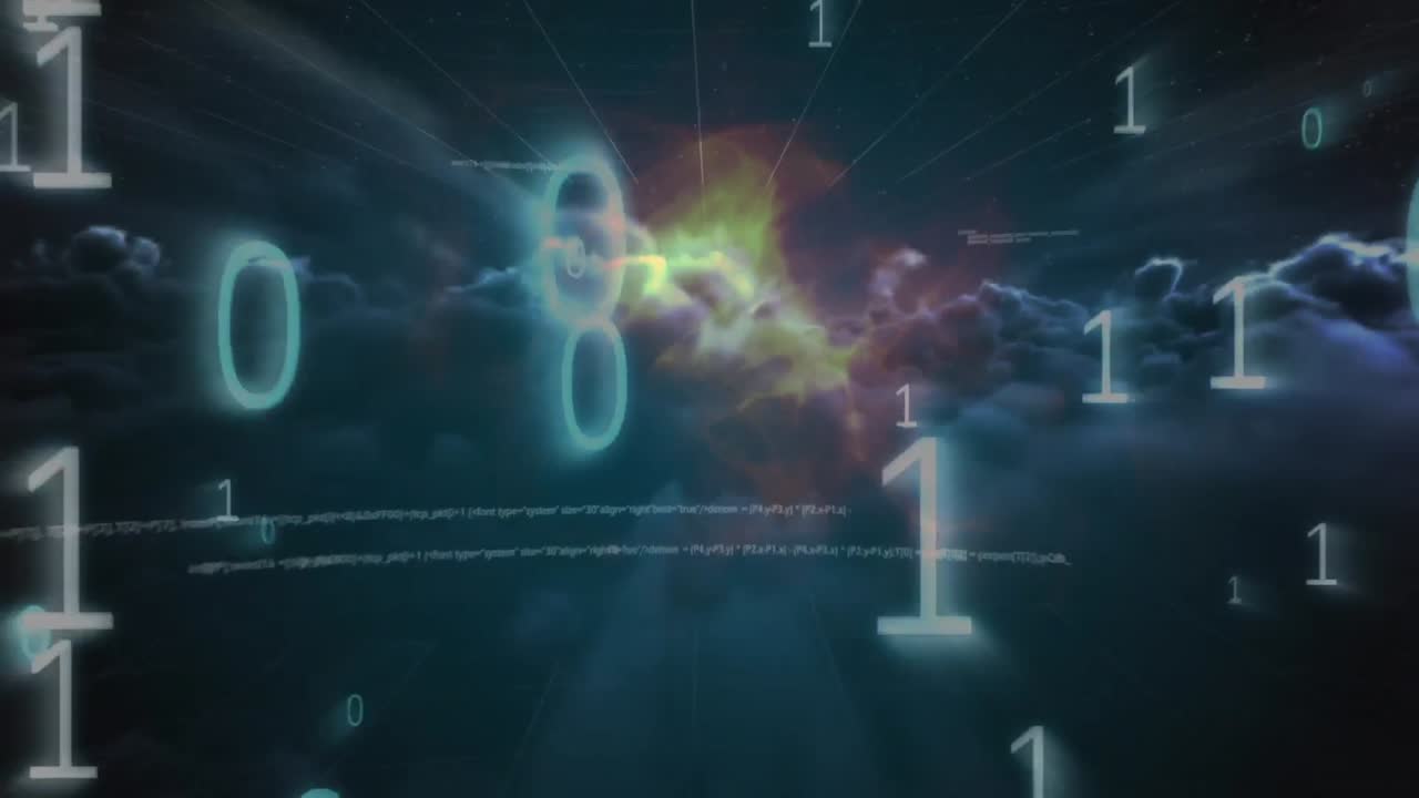 Animation of data processing over clouds on black background
