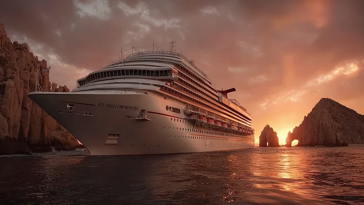 Una maestosa nave da crociera che scivola nell'ora d'oro: viste mozzafiato della flotta sullo sfondo di un tramonto stupendo con imponenti formazioni rocciose