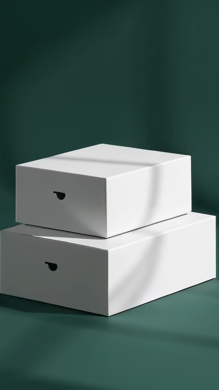 Vertical video: Shifting window light guiding camera panning around white boxes with cutouts in set