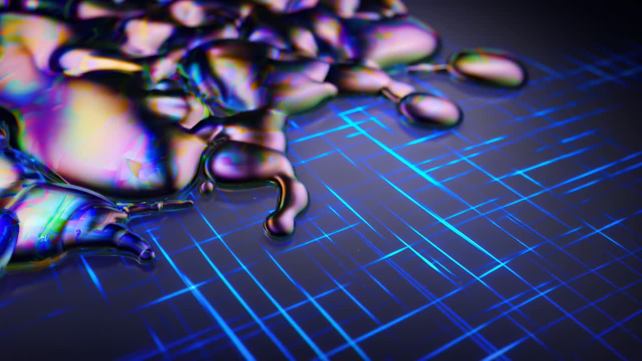Video astratto con un'angolazione dall'alto che mostra liquido iridescente su una griglia digitale