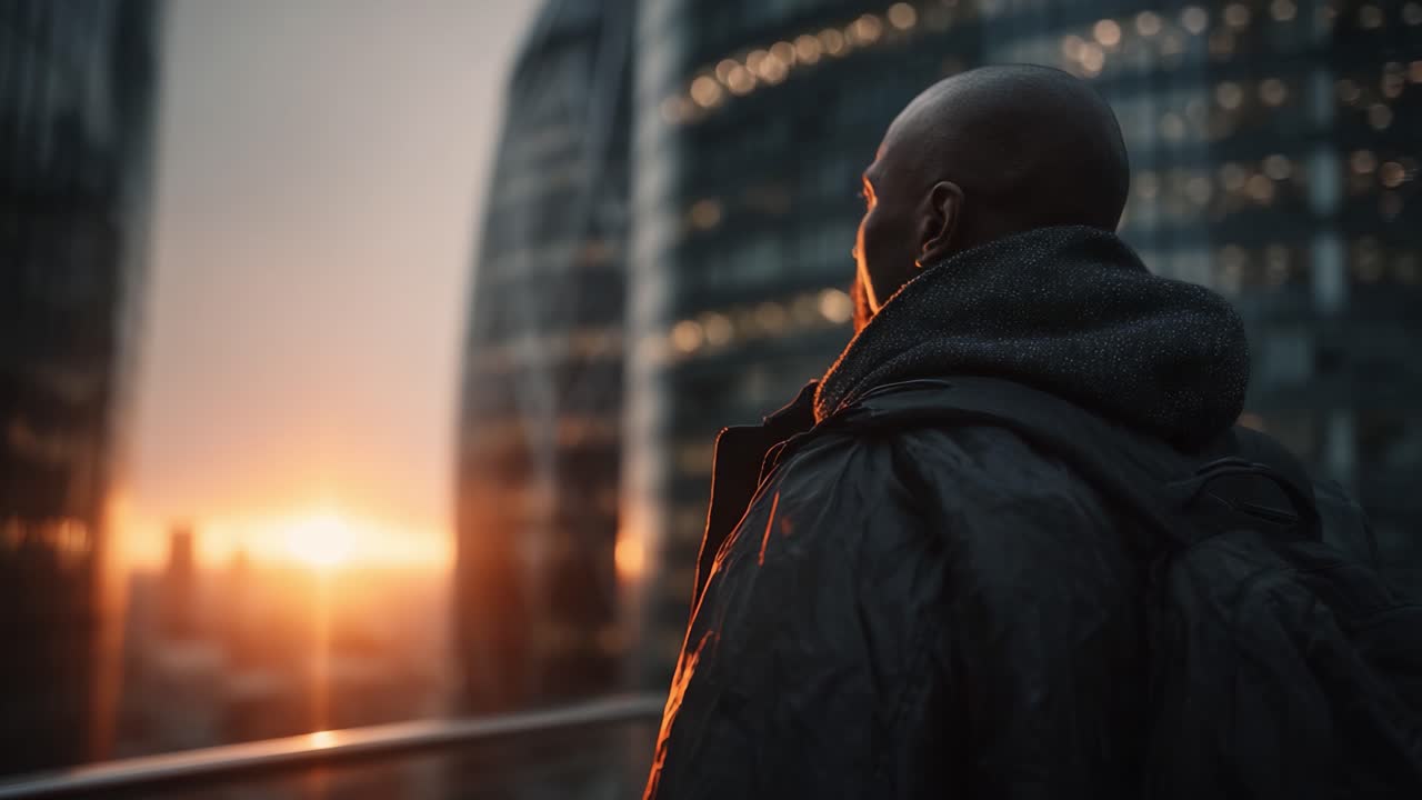 Una figura solitaria ammira il tramonto mozzafiato che illumina lo skyline moderno, riflettendo sulla vita e sui sogni mentre si trova su un balcone in alto sopra la frenetica città sottostante.