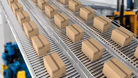 animación de cajas de cartón en cintas transportadoras en el almacén