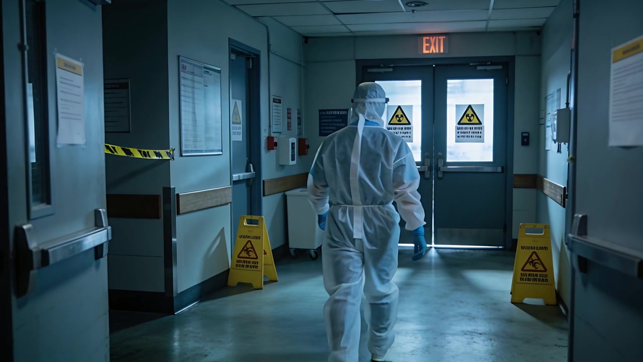 Medico che si volta, indossando DPI, camminando lungo un corridoio d'ospedale verso le porte d'uscita con segnali di pericolo e coni.