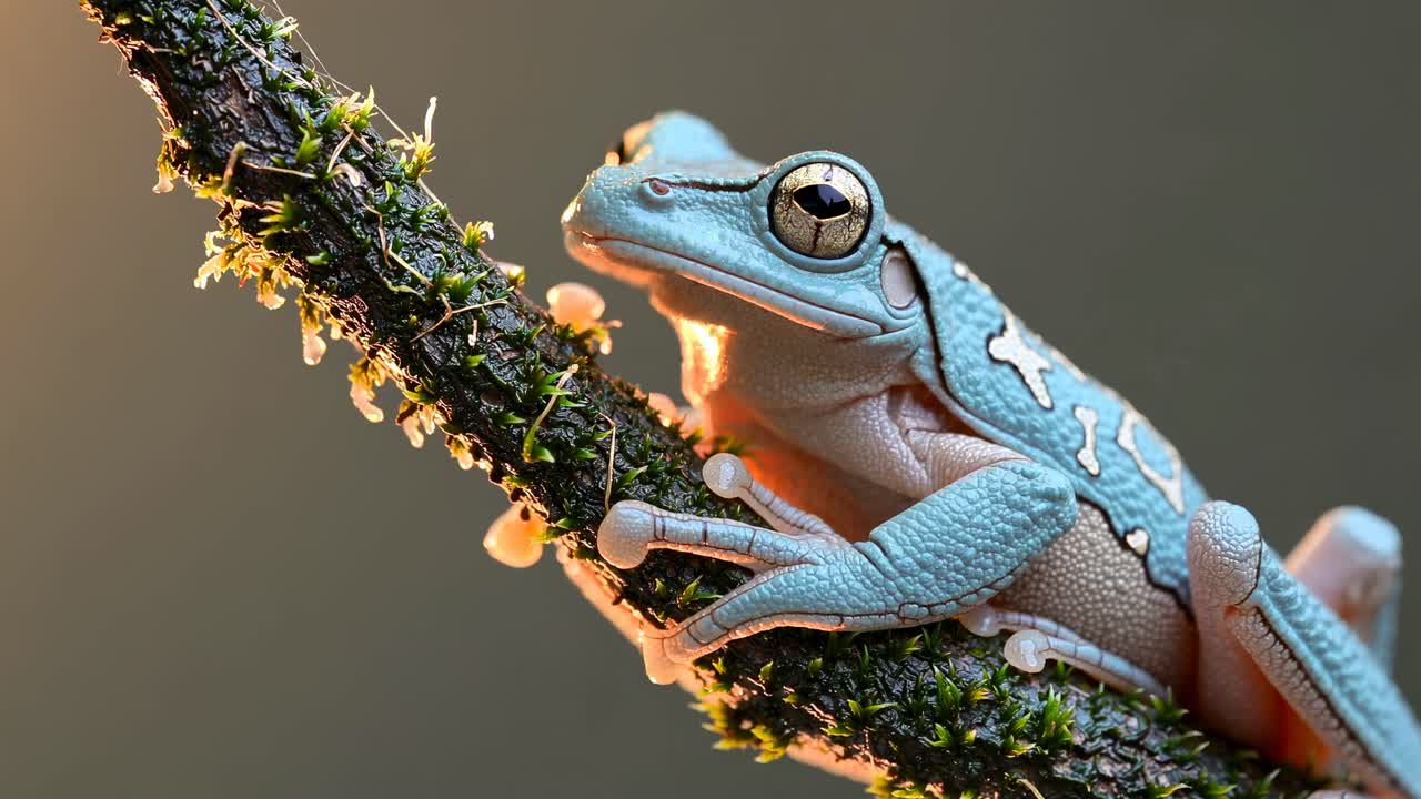 Splendida rana arboricola blu su un ramo