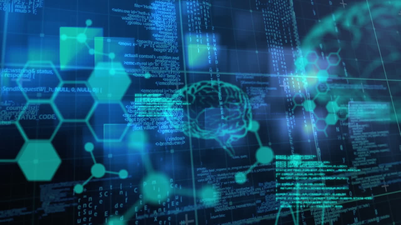 Animation of data processing and glowing human brains over blue background