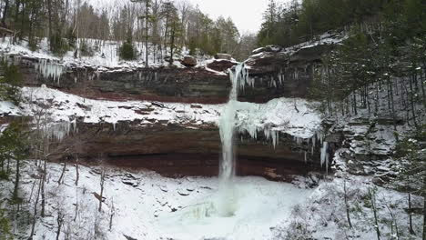 Beautiful-winter-vista-aérea-shot-flying-up-to-a-waterfall-in-a-frozen-landscape