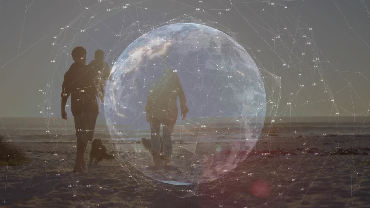 Man lifting child on shoulders initiating sunset beach walk tech globe dots linking family bonding