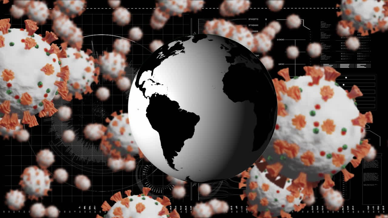 Animazione di un globo che ruota su cellule Covid ed elaborazione dati su un'interfaccia