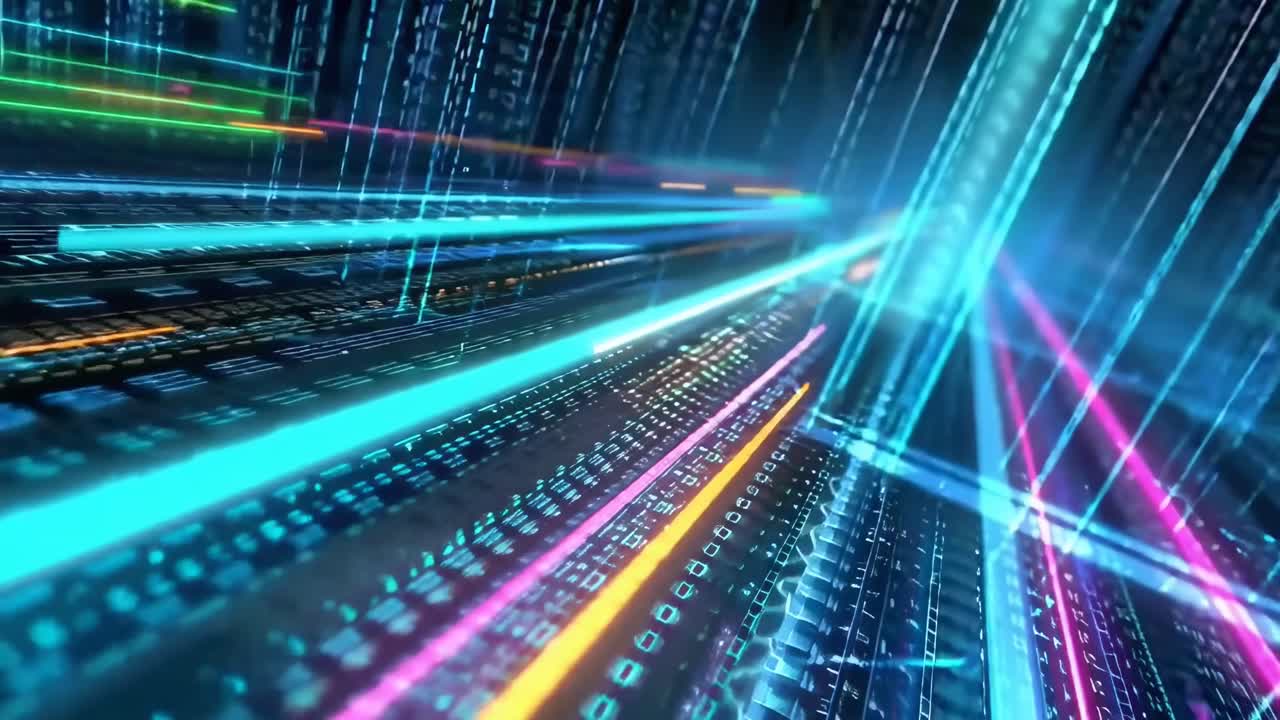 Dynamic low-angle video of neon light trails and binary code, creating a futuristic vibe