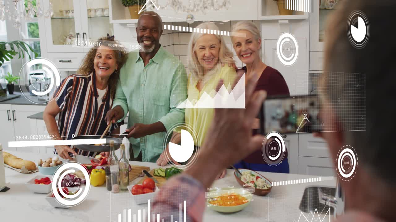 Man raising phone capturing group cooking and stirring pan while AR HUD tracking graphs for sharing