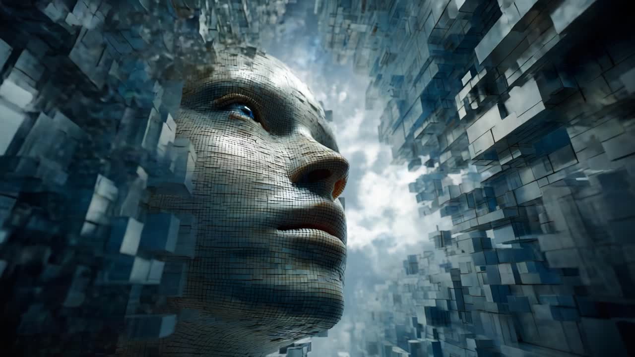 An Intriguing Exploration of Digital Human Form: A Face Constructed from Complex Geometric Structures Surrounded by an Ethereal Atmosphere and Vivid Light Elements