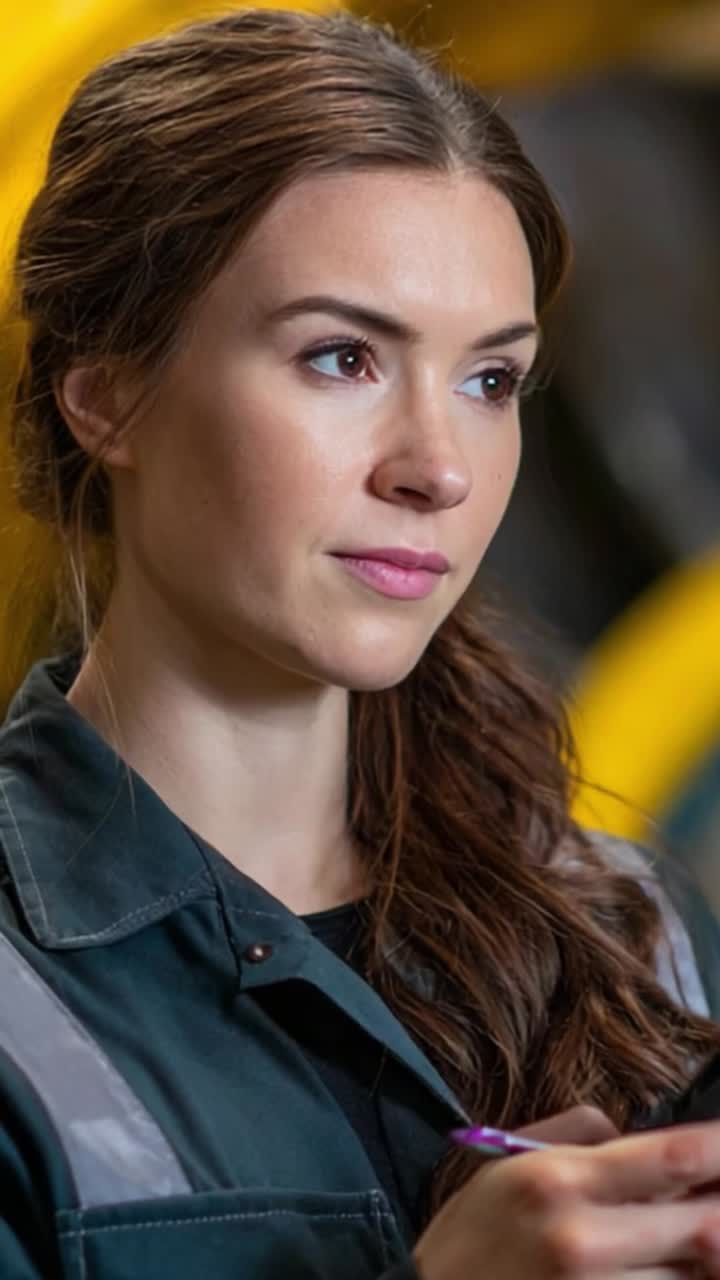 Focused Female Technician Analyzing Data on Device in Industrial Environment, Highlighting Technical Skills and Professionalism in the Workplace