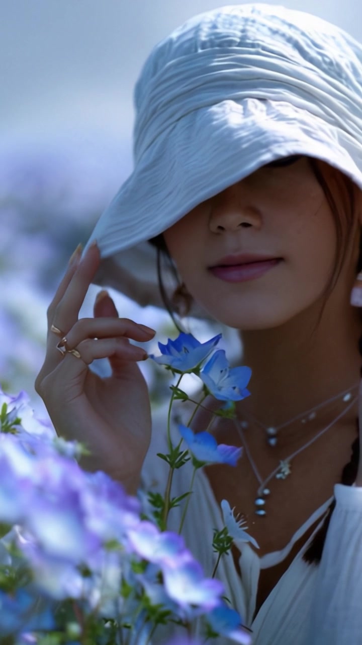 Un momento sereno: una donna con un cappello bianco circondata da splendidi fiori blu, che cattura l'essenza e l'eleganza della natura in un ambiente tranquillo.