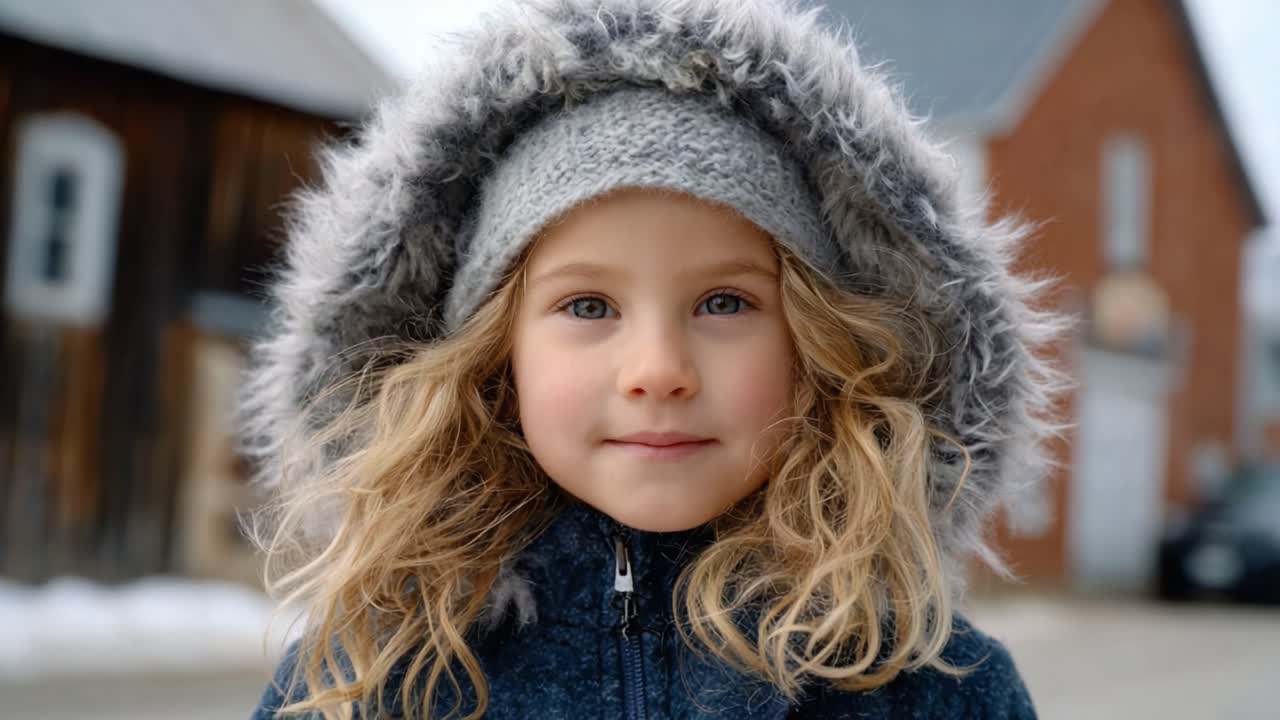 A Charming Child with Curly Hair and a Warm Hood Enjoying a Winter Day, Radiating Happiness and Innocence Against a Cozy Background