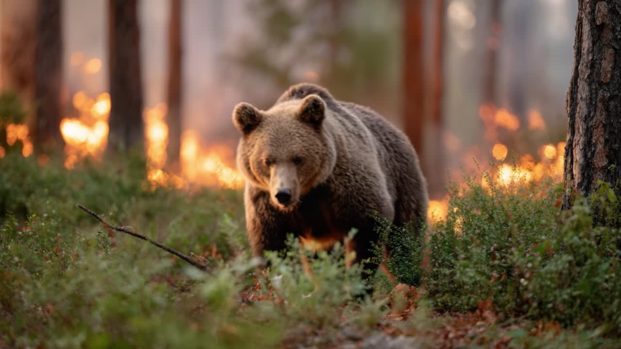 A majestic bear traverses through a forest engulfed in flames, highlighting the wilderness's struggle against wildfire, showcasing nature's resilience amidst destruction