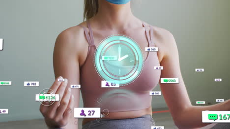 animation of clock over social media icons and woman meditating in face mask