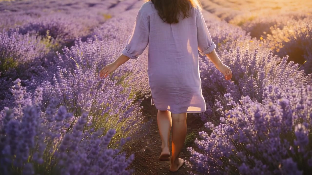 Donna che cammina, muovendosi a piedi nudi lungo un sentiero tra la lavanda, con il vestito che sfiora e i capelli baciati dal sole.