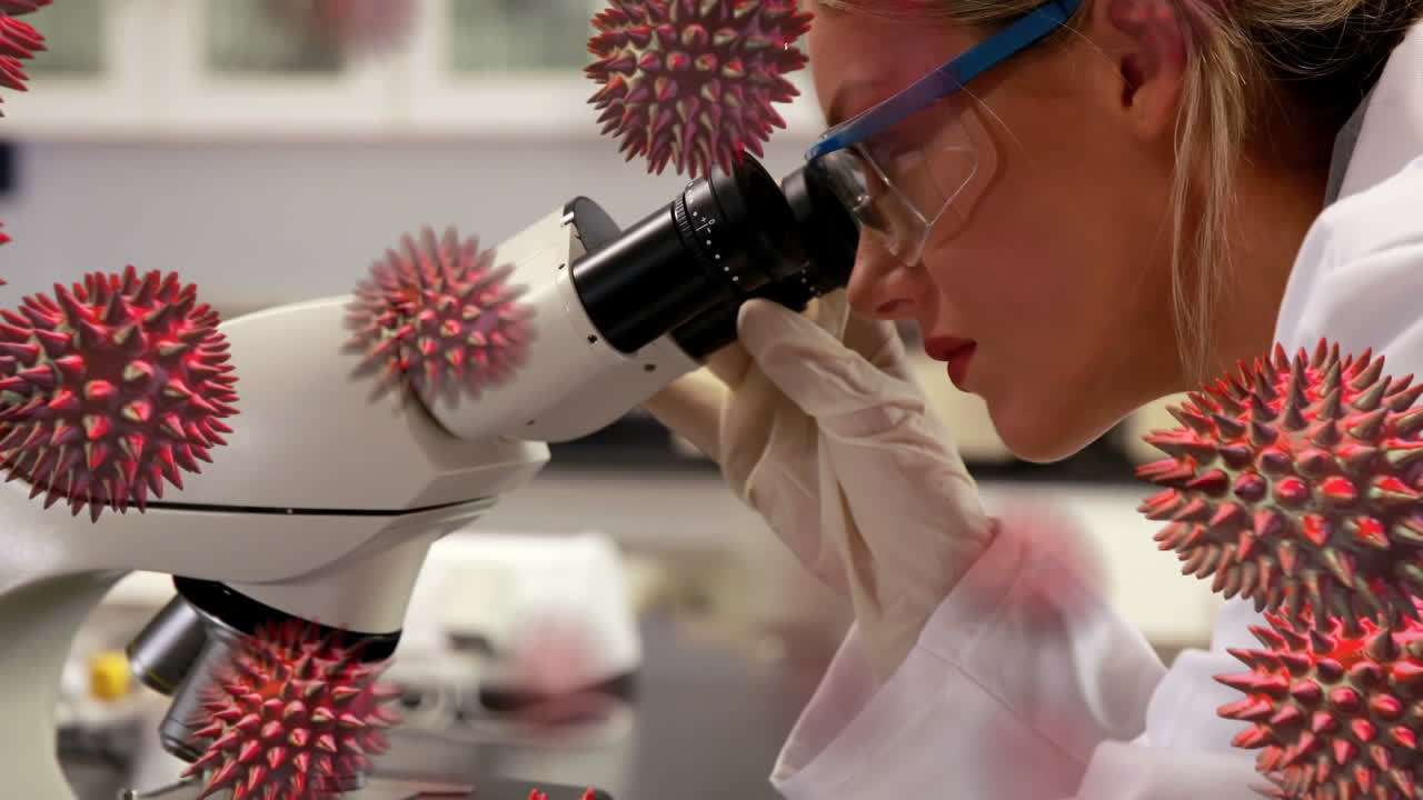 Animation of red corona virus with scientist in background
