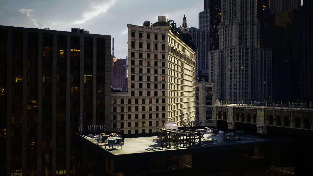 Modern skyscrapers and historical architecture reflect the city skyline at dusk