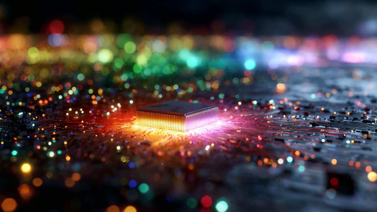 A Stunning Close-Up of a Microchip on a Colorful Circuit Board, Illuminated by Luminous Lights, Showcasing the Intricacies of Technology and Modern Electronics in a Vibrant Display