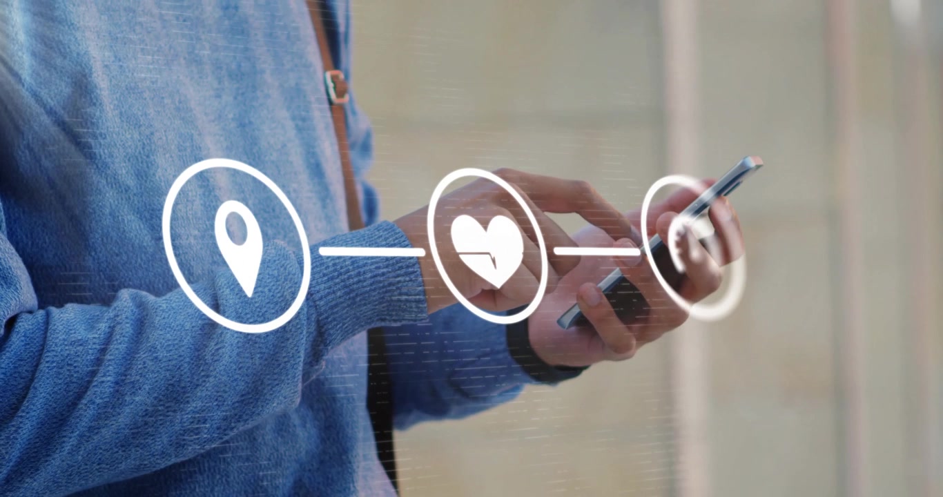 Animation of flowchart of icons over midsection caucasian of man scrolling on smartphone
