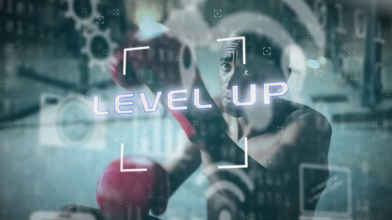 Level up text and digital icons against male boxer training at the gym