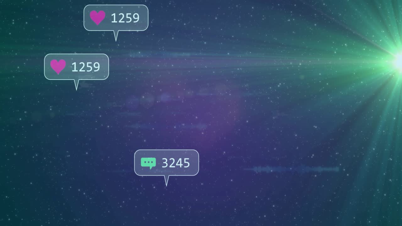 Green lens flare spawning icon bubbles grouping updating counts drifting left fading showing data